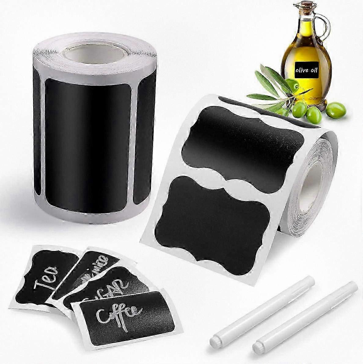 2 Rolls of 300 Reusable Black Adhesive Labels with Chalk Marker, Suitable for Blackboards