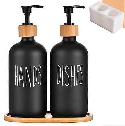 Soap Dispenser Set with Glass Hand Soap and Dish Soap Dispenser, Bamboo Tray Included, 2-Piece Storage Organizer