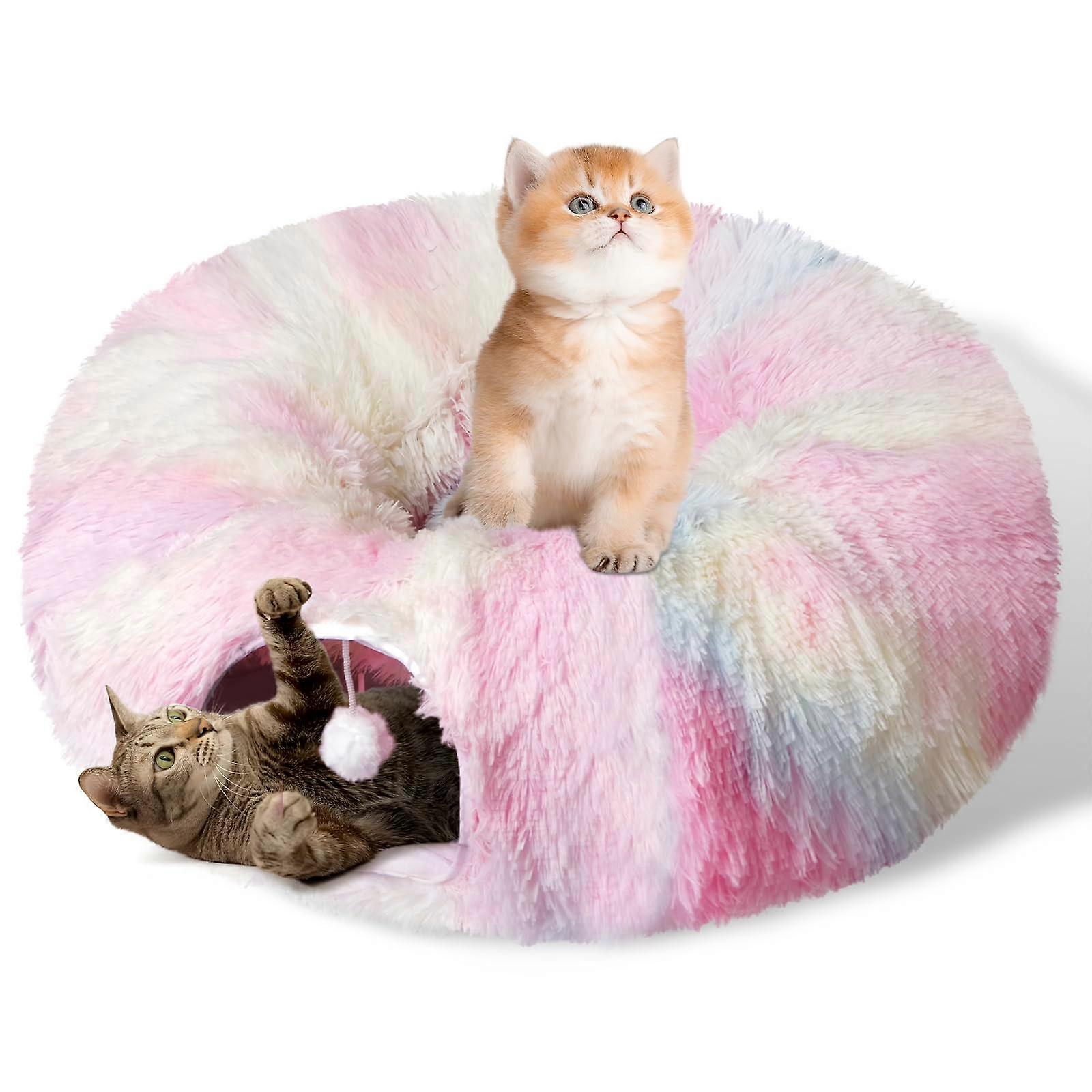 Cat Tunnel Bed for Indoor Cats - Catasaurus Peekaboo Cat Cave, Washable Soft Game Mat, Plush Tube for Kittens and Puppies, Pink