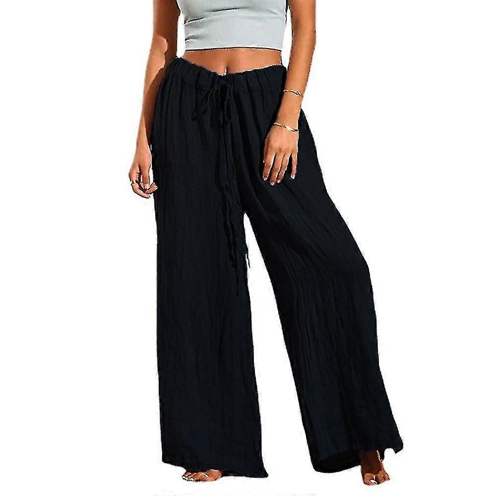Women Pants Drawstring Wide Leg Elastic Waist Trousers