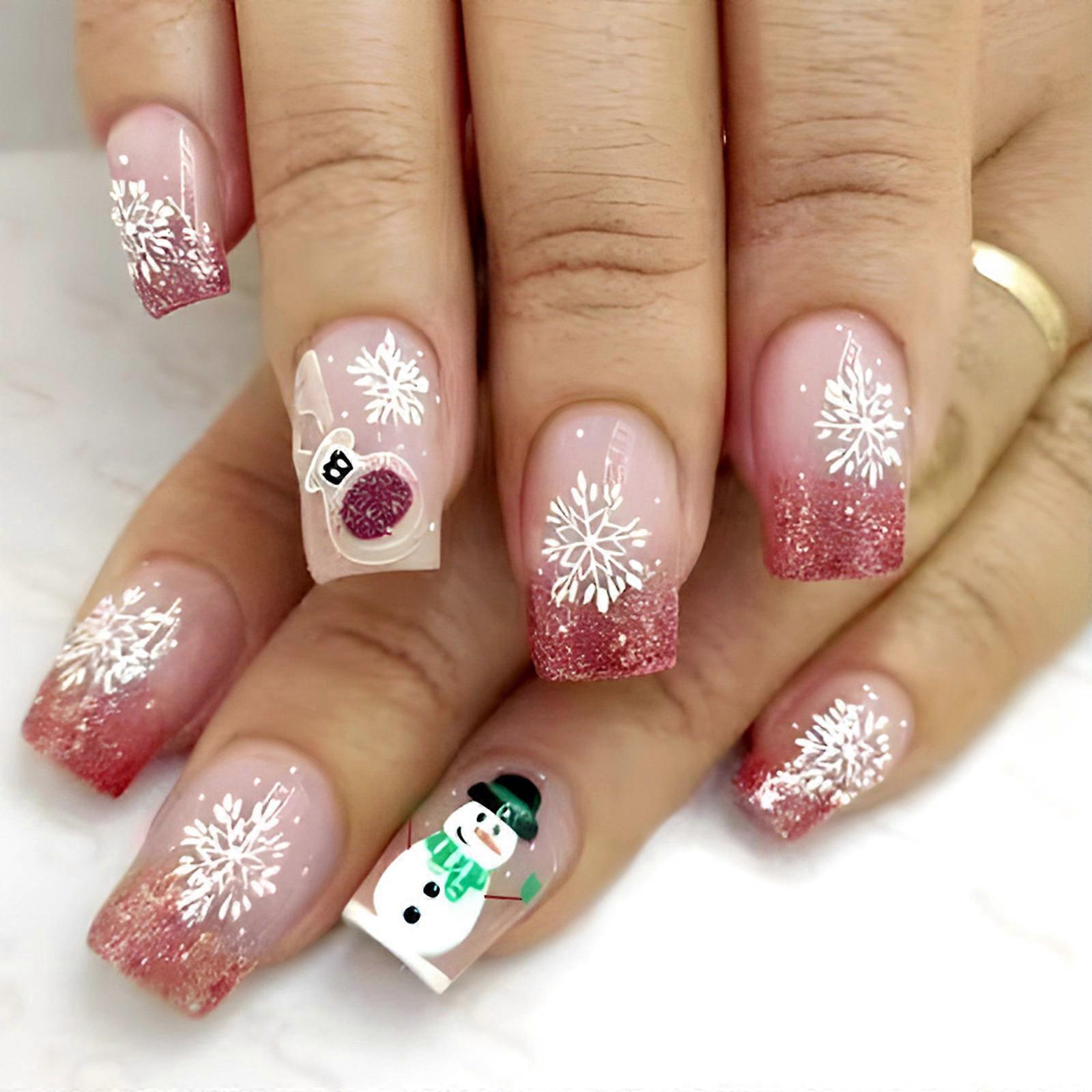 24PCS Winter Themed Press on Nail Short Square with Snowflake and Snowmen Patterns Glittering Artificial Nail for Women
