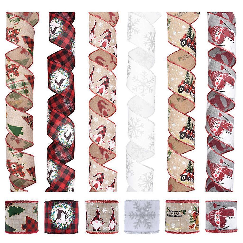 6 roll Christmas Polyester Ribbon Cartoon Heart Xmas Tree Candy Cane Stocking Pattern String for DIY Craft Gift Package