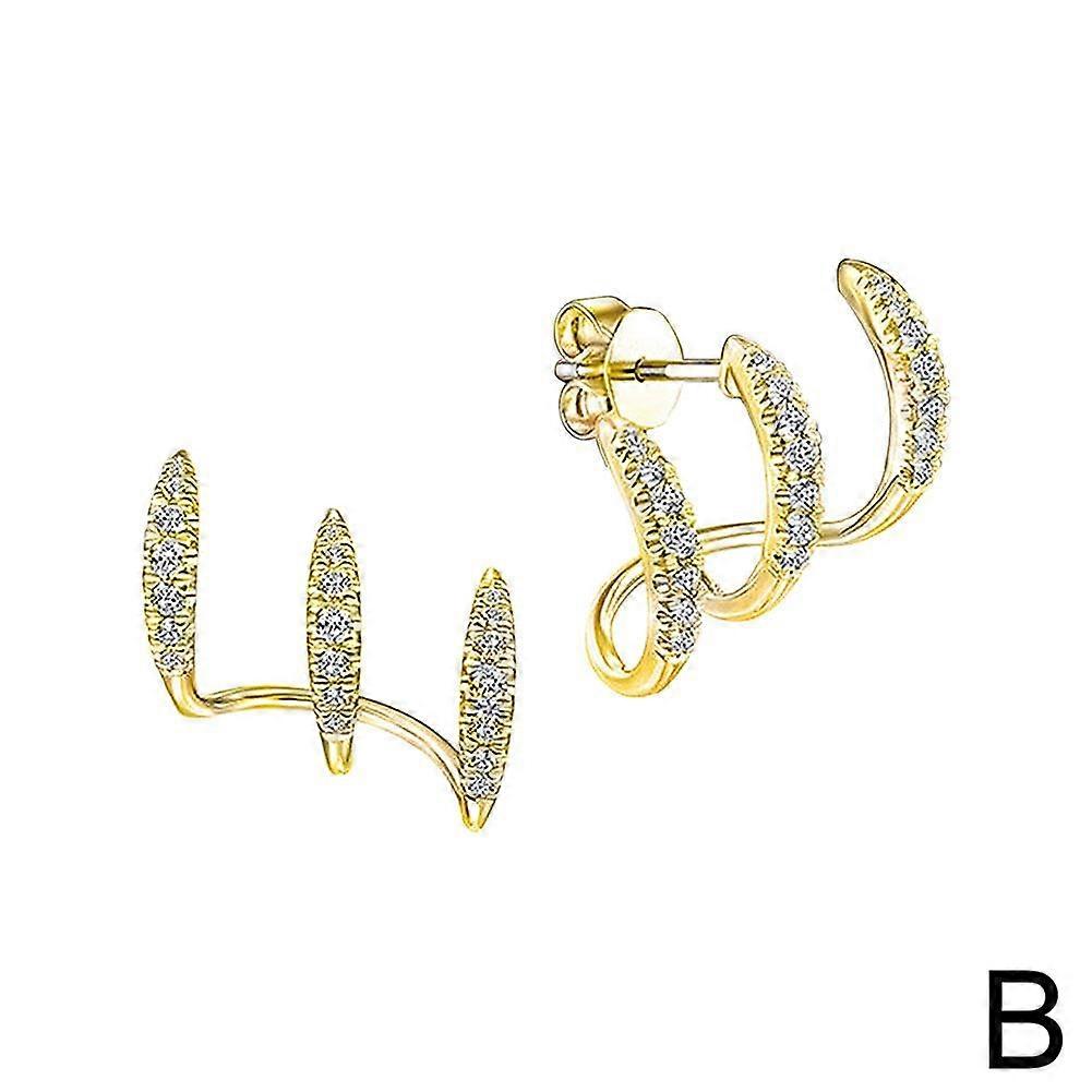 Gold (B)$Three-claw ear clips, simple arc curve, high-quality zircon ear studs, earrings, earrings