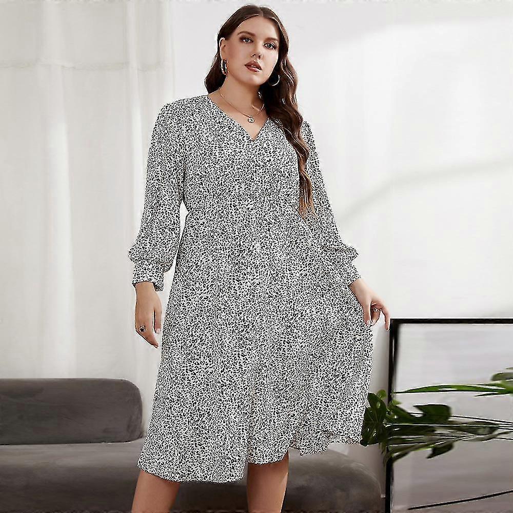 Robe à manches longues à col en V pour femmes de grande taille printemps et été avec taille élastique, robe imprimée légère et ample adaptée à divers Si