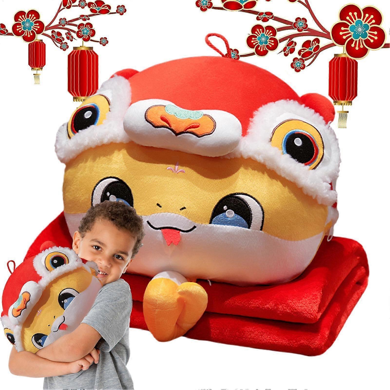 Throw Blanket and Pillow Set for Travel, 2025 Year of the Snake Plush Pillow, Soft Hand-Warming Blanket for Airplane, Train Bed