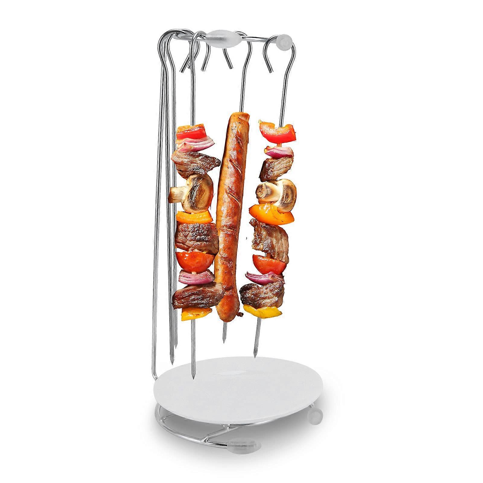 Hanging grill skewer stand, 5 skewers, fork, stainless steel holder with drip tray