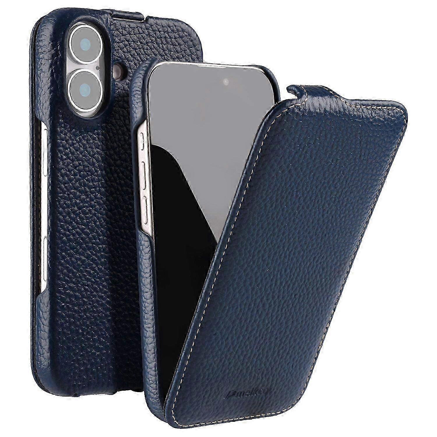 Magnetic Vertical Flip Leather Case for iPhone 16 with Shockproof PC Cover - Genuine Cow Leather in Blue