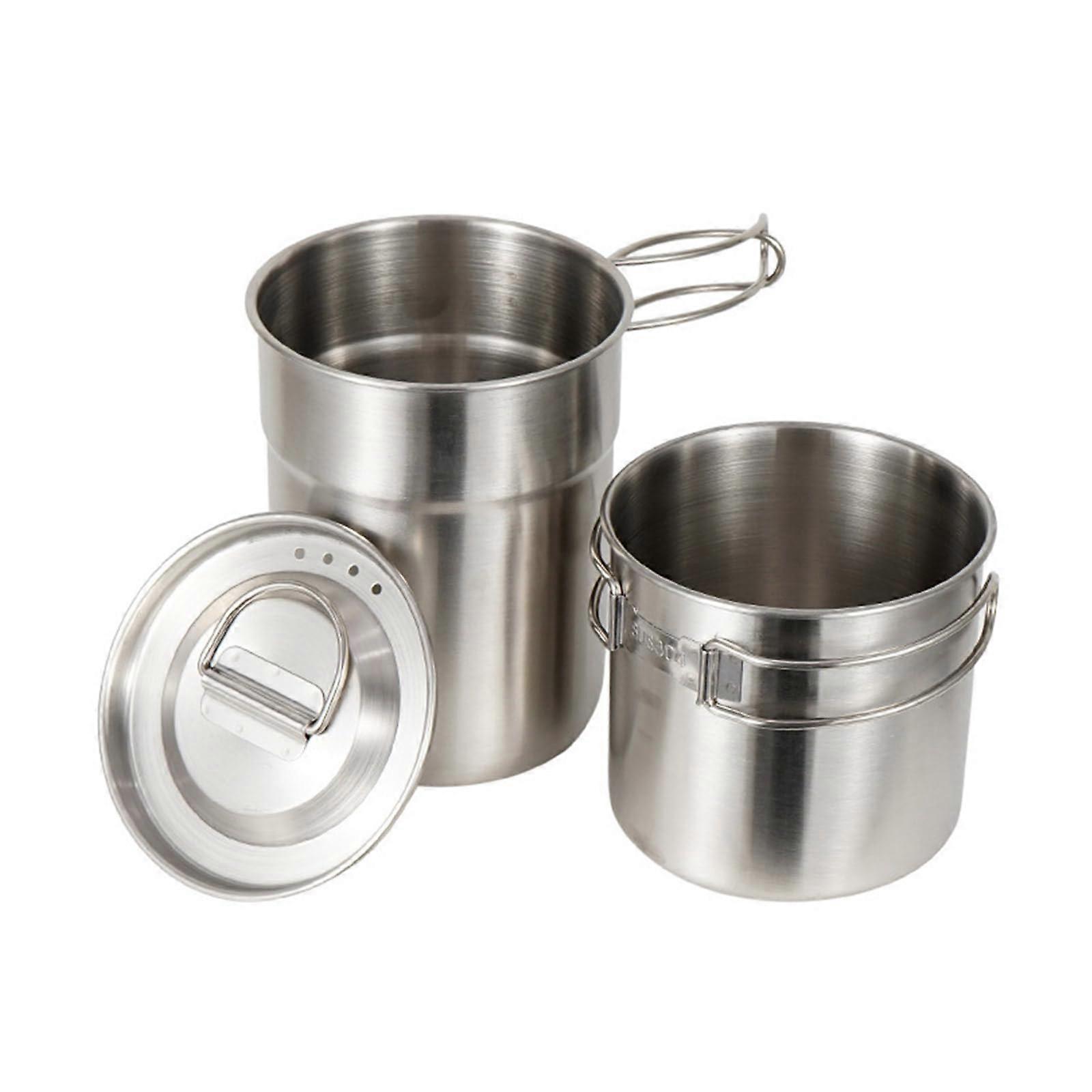 Stainless Steel Camping Mugs With Folding Handle Compact Portable Outdoor Cookware Pots Set For Picnics Easy To Clean