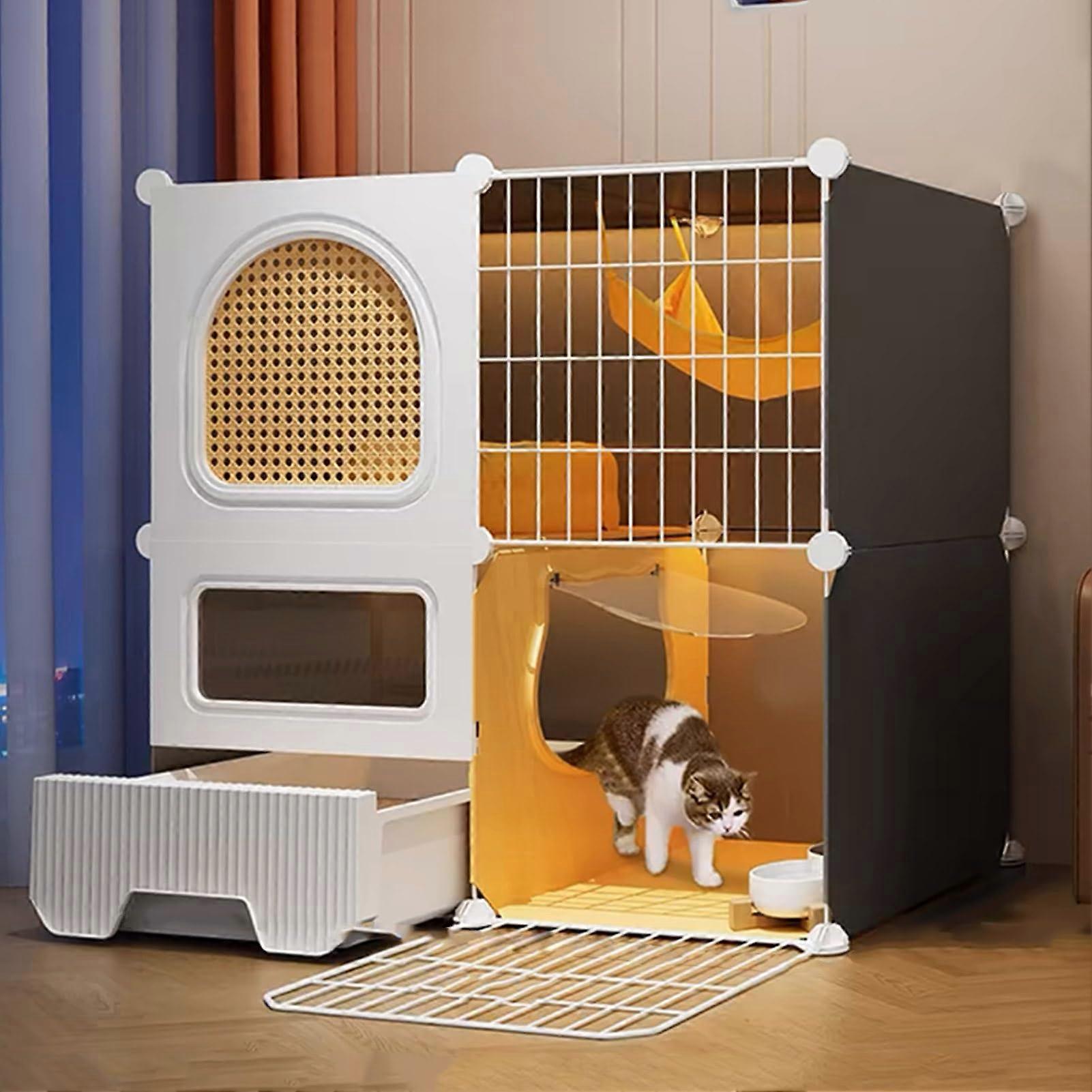 2/3-Story Cat Enclosure, Indoor Cat Playpen with Litter Box, Breathable Rattan, Mesh Door, for 1-3 Cats, 29.5x19.3x28.7 in