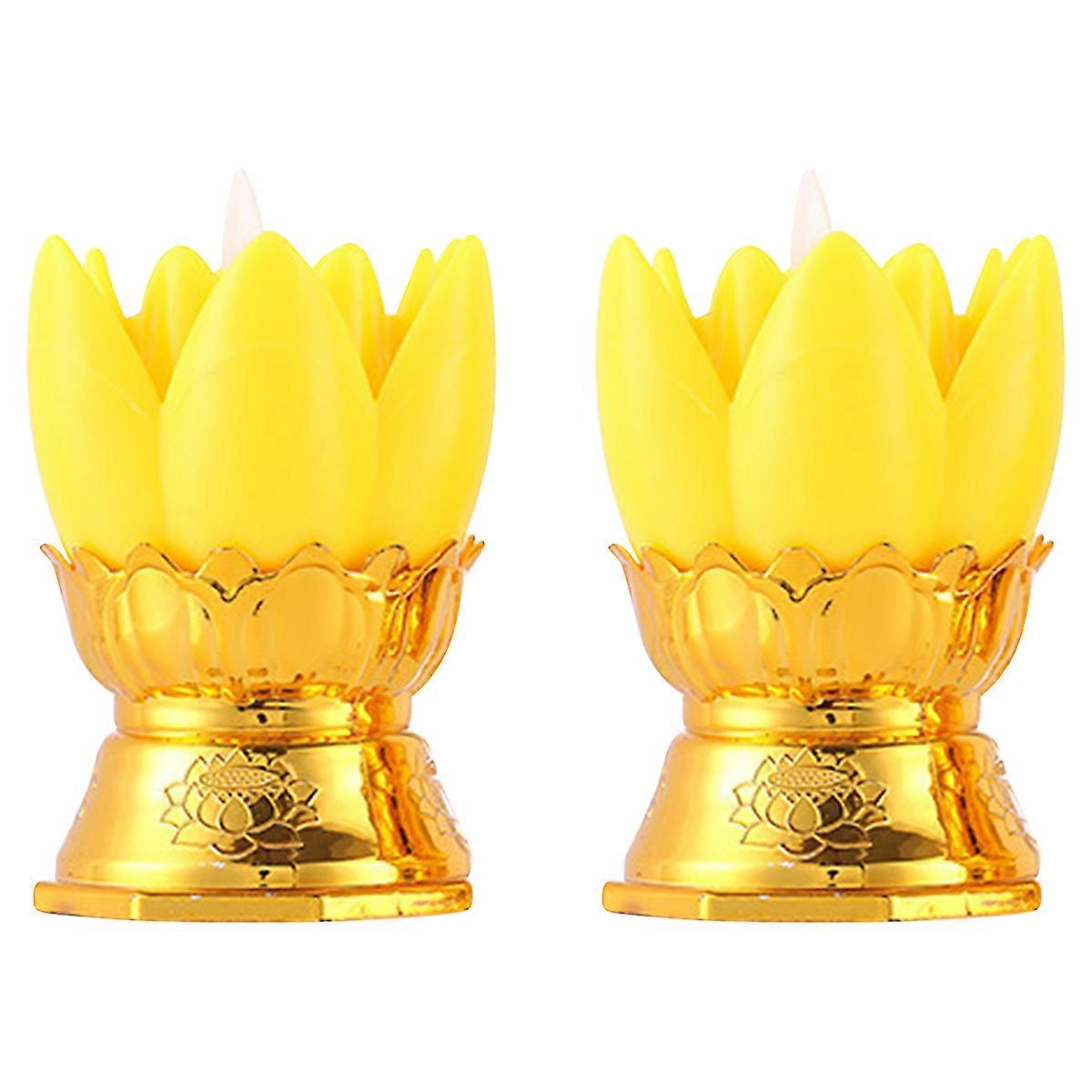 Buddhist Electronic Lotus Light with Shaking Candlelight Design for Home Decoration in Yellow Plastic 2 Pieces