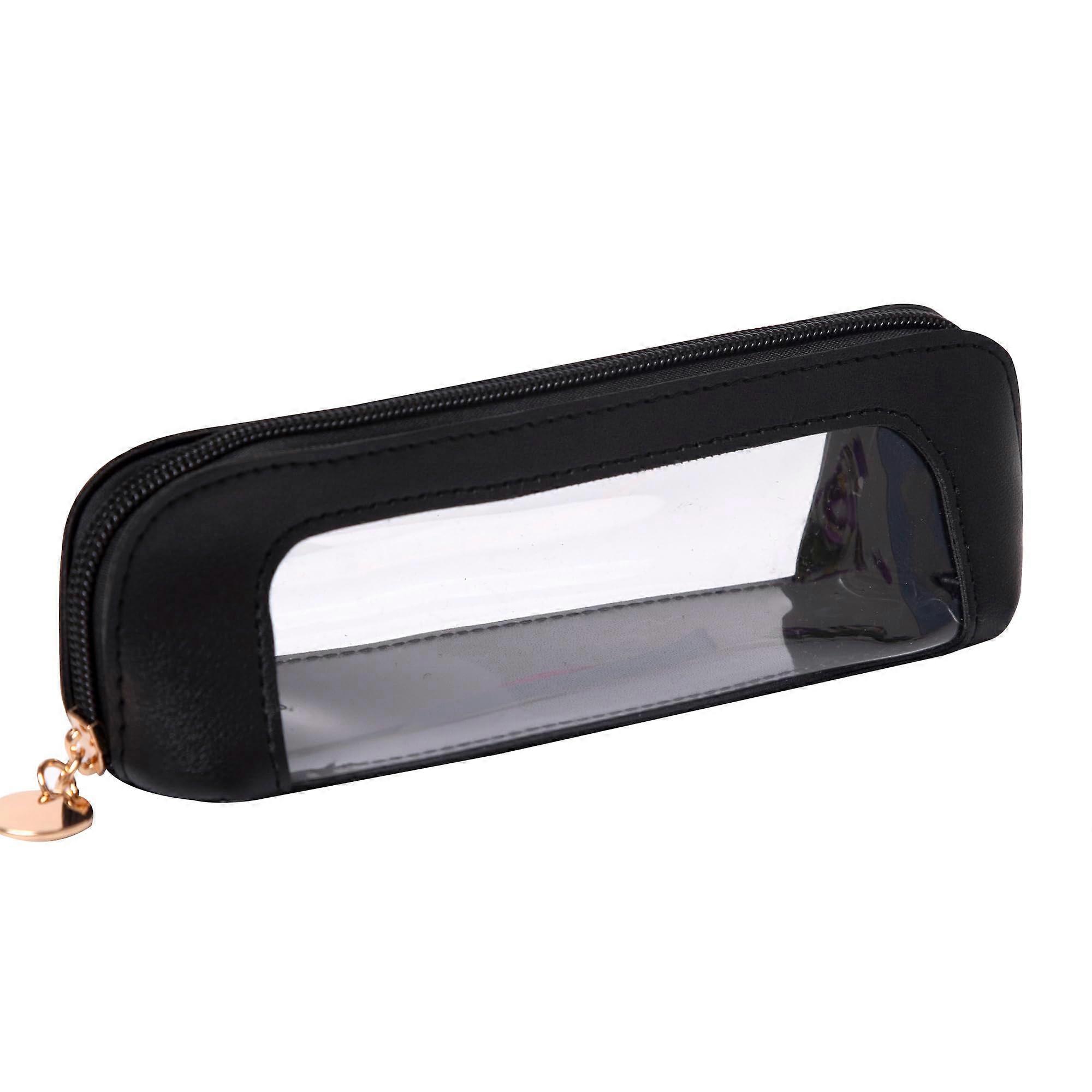 Pencil Case Transparent PU Leather Zipper Pouch, Makeup Bag, Black