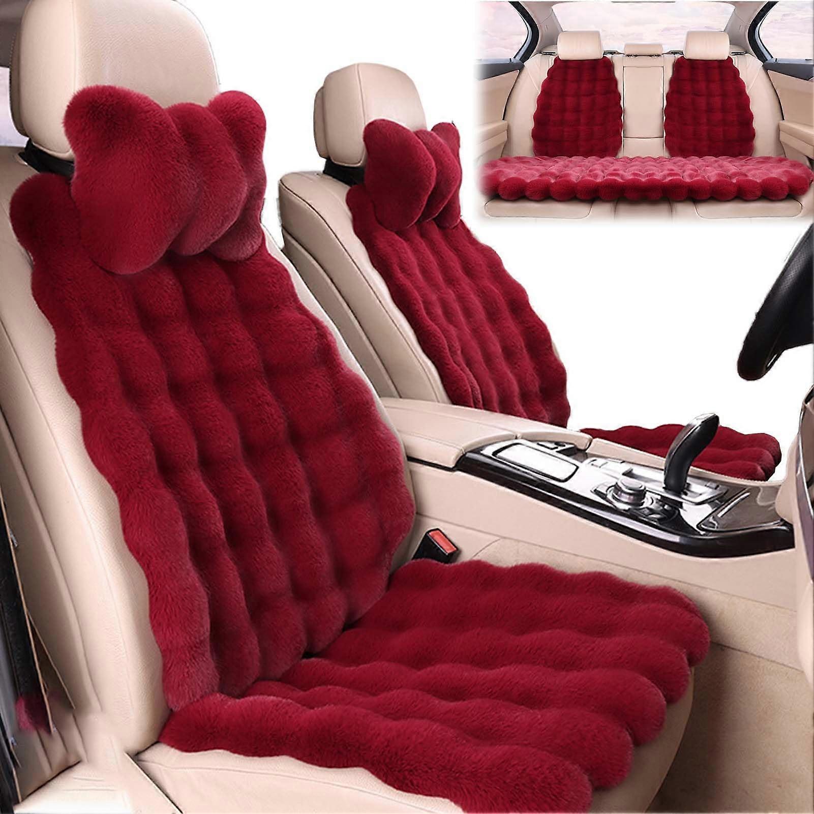 Thickened Plush Car Seat Cushion Set, Winter Universal Car Seat Protector with Backrest Headrests, for Most Vehicle Seats (Wine Red, Full Set)