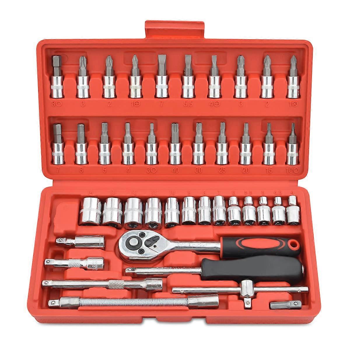 1/4Inch Drive Socket Set, 46Piece Metric Wrench Bits, Flexible Extensions, Reversible Ratchet for Car Bike Motorcycle