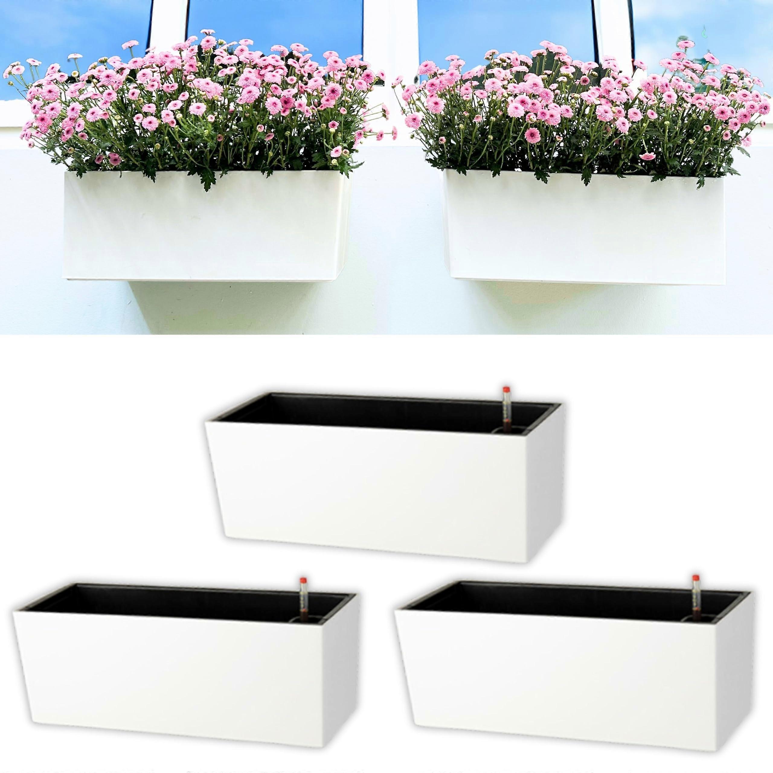 Wall Planter 14 Inch Outdoor 3-Pack Wall Mounted Self-Watering White Rectangular Flower Boxes with Brackets