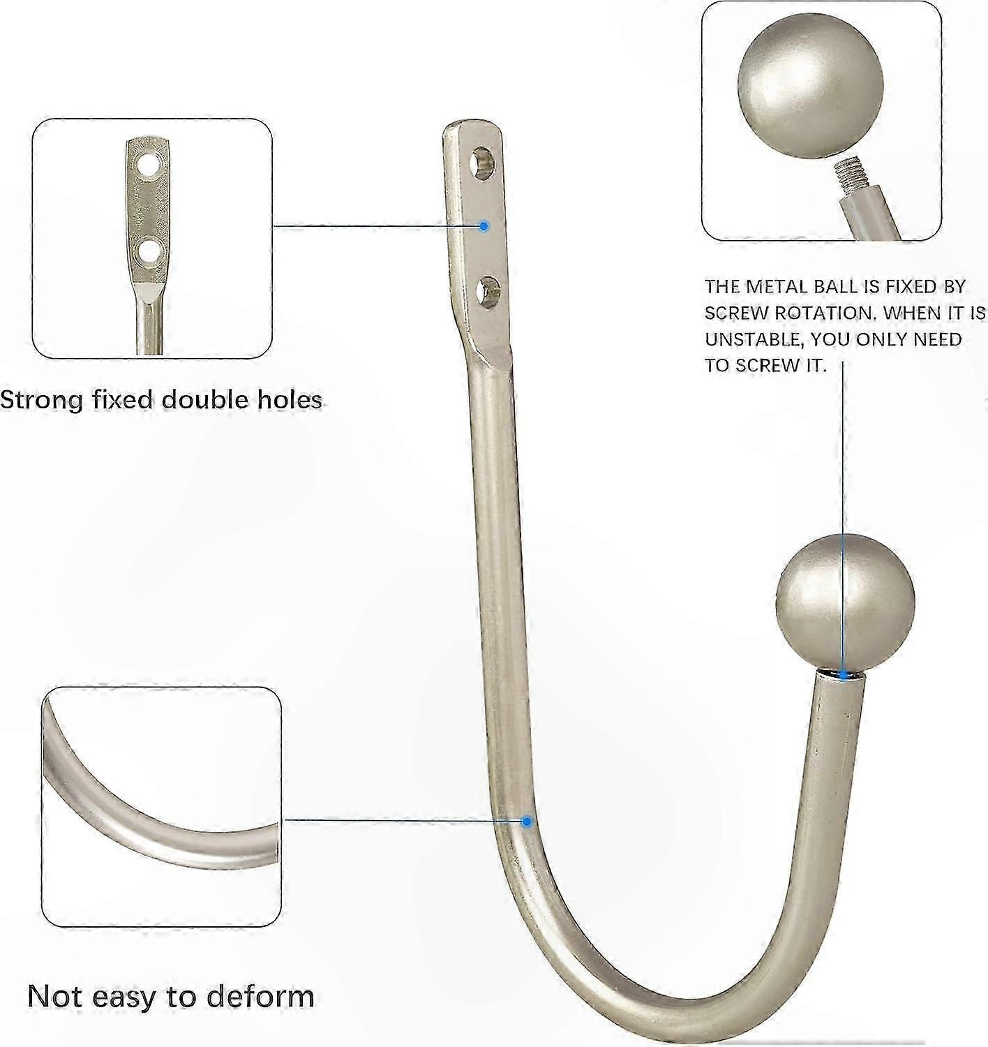 Silver Metal Curtain Holdbacks, Set of 2 Wall-Mounted Drapery Hooks with Screws for Window Dressing