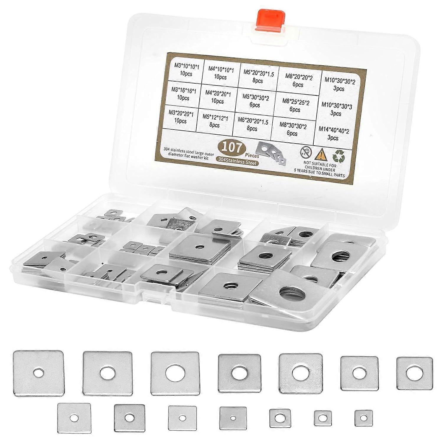107 Pcs Square Metal Washers M3 M4 M5 M6 M8 M10 M14 Stainless Steel with Round Hole Square Washers for Bolts and Threaded Rods