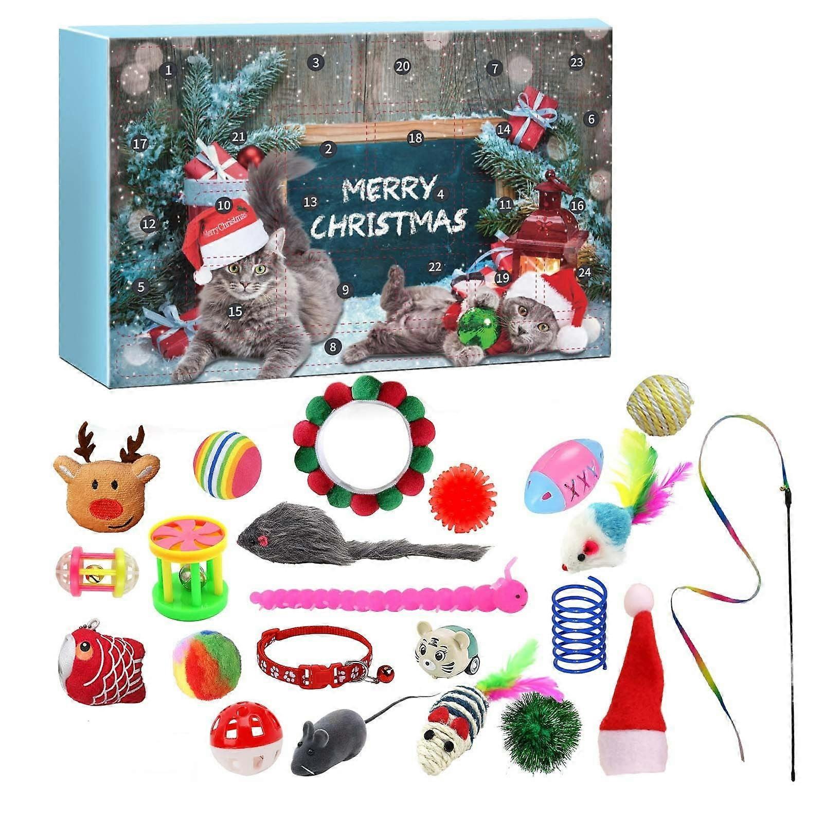 Cat Toys Advent Calendar 2024 for Kitten Christmas, Interactive Toys with Cat Collar, Feathers, Teasing Sticks, Catnip Fish, Mouse, Ball, Bell