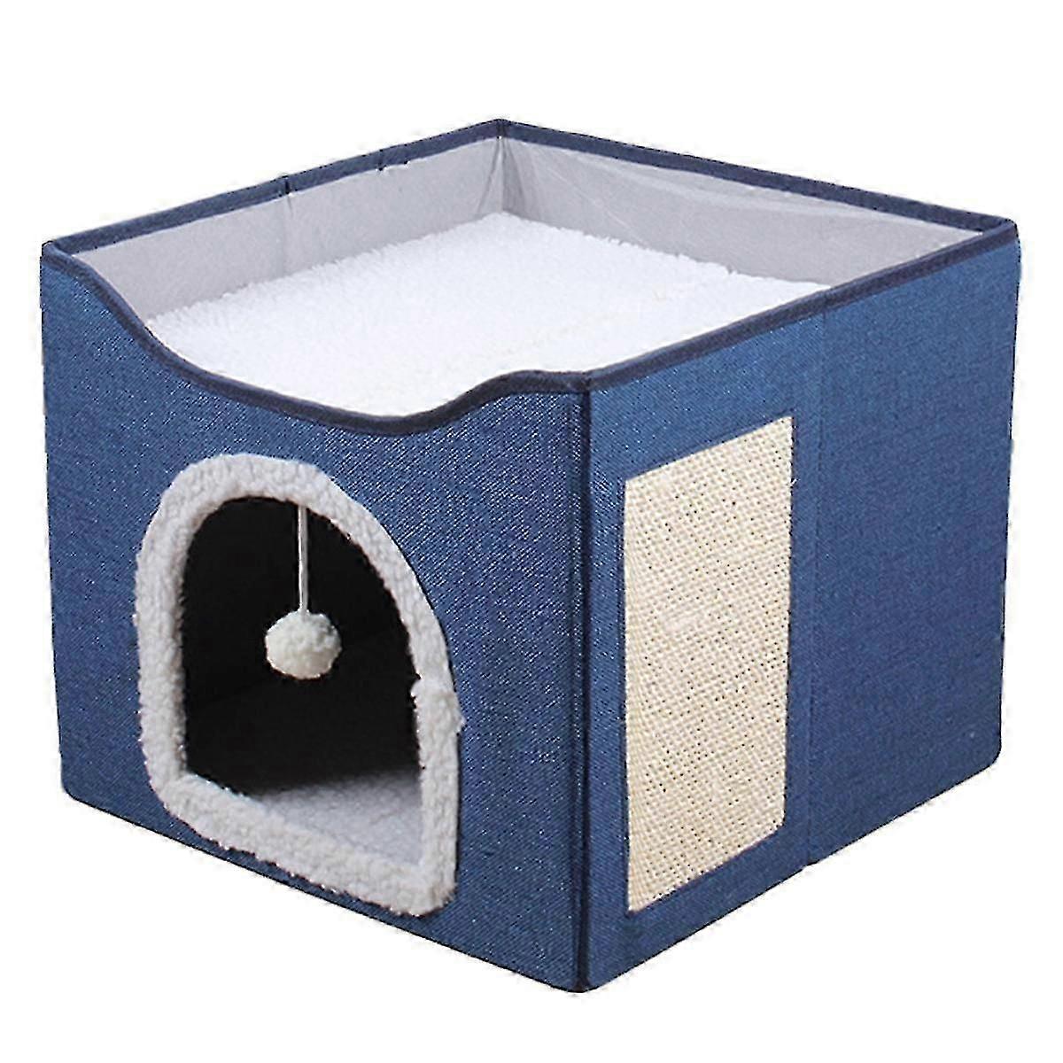 Large Cat Bed With Ball Hanging And Scratch Pad Double Layered Foldable Cat Beds For Indoor Cats Sleeping All Seasons,c