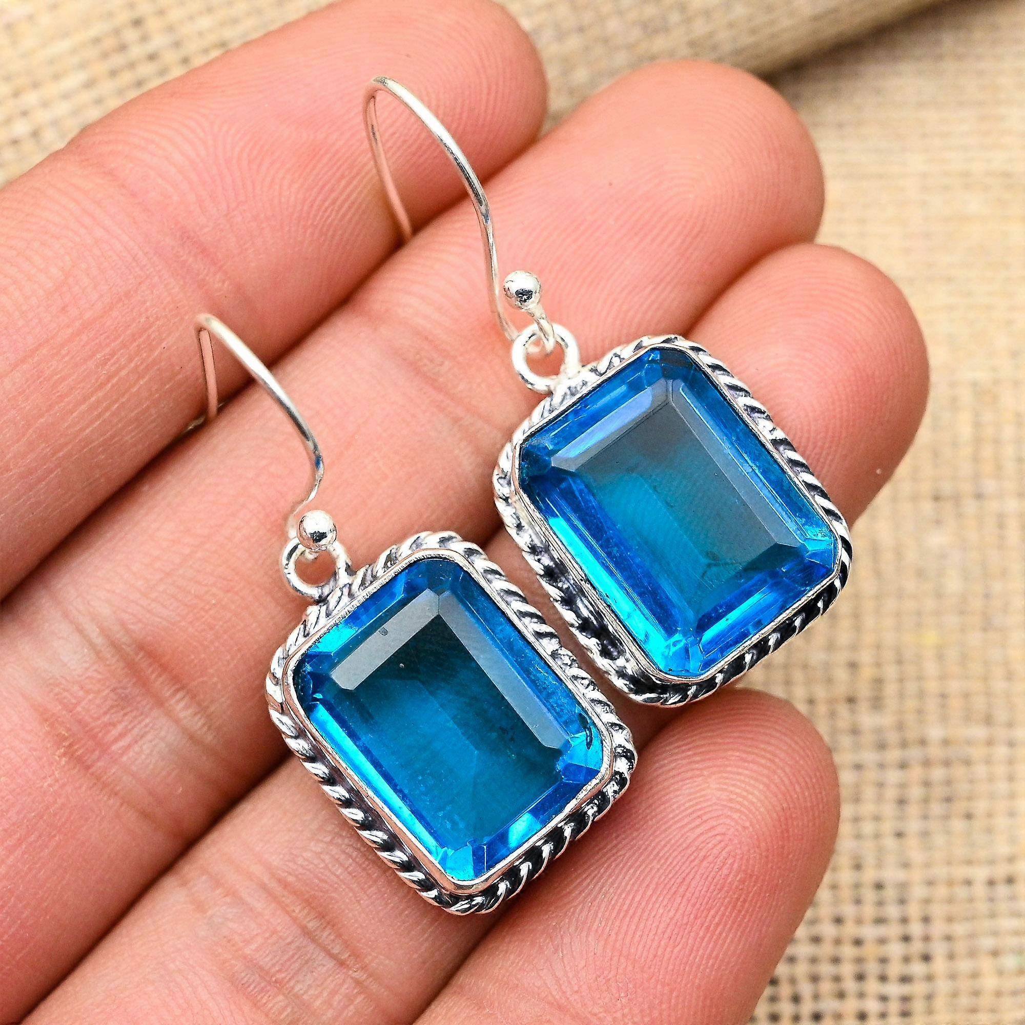 Blue Topaz Gemstone Handmade 925 Solid Sterling Silver Earrings For Wedding Gift