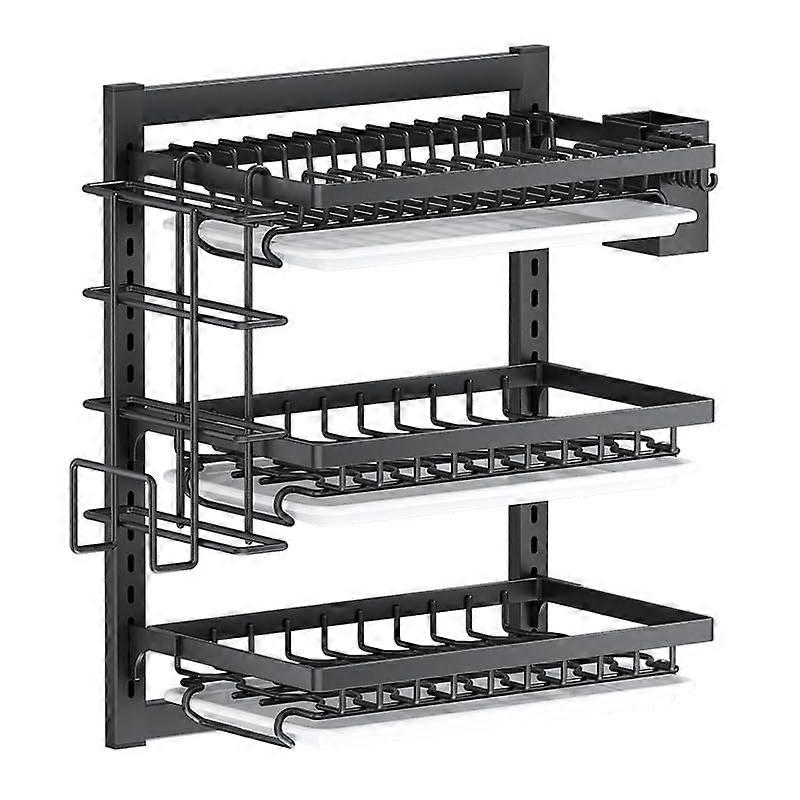 3Tier Wall Mounted Dish Drying Rack with Drainboard, Black Metal Kitchen Organizer 42cm
