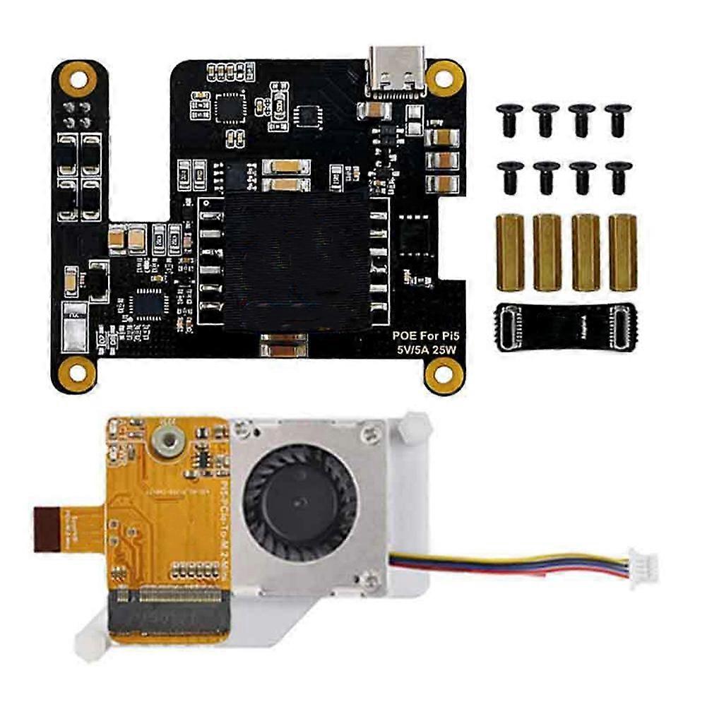For Raspberry Pi 5 POE with PD Trigger Activation Type C PCIe-M.2-NVMe-SSD Power Ethernet 802.3af/At with Cooler