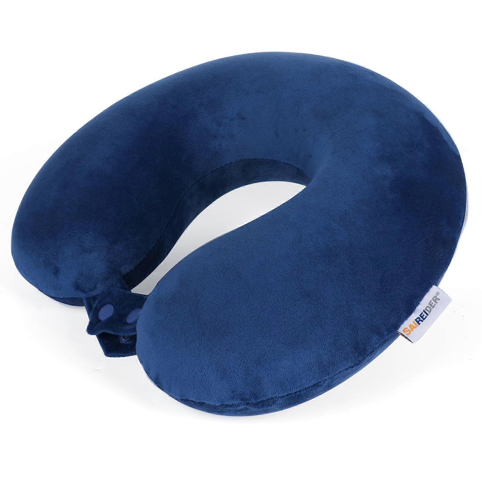 Travel Neck Pillow with Adjustable Head Support for Airplane, Car, Home, Office Use (Navy Blue)