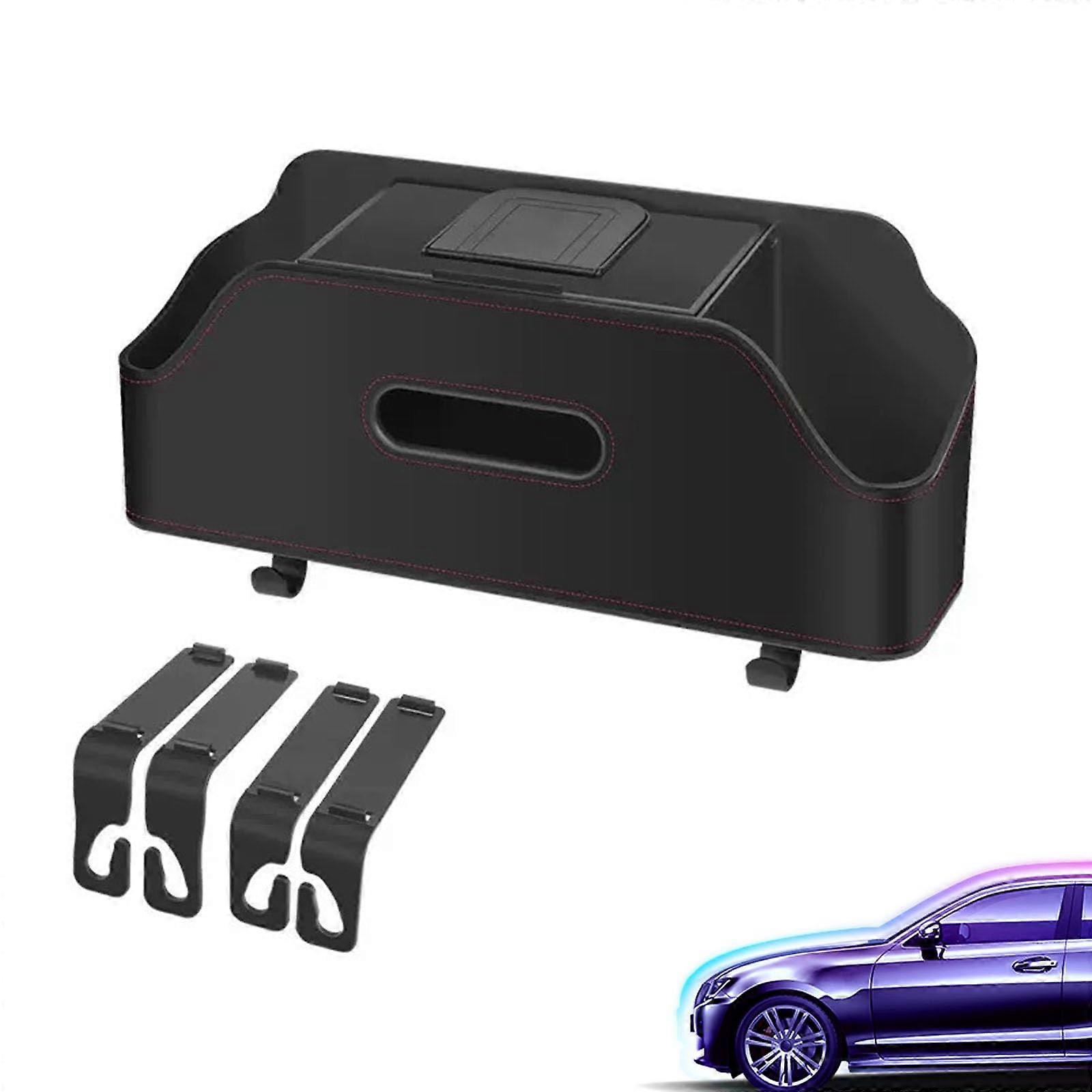 Car Backseat Organizer with Dual Cup Holders, Tissue Box and Hooks, Universal Seat Storage for Travel