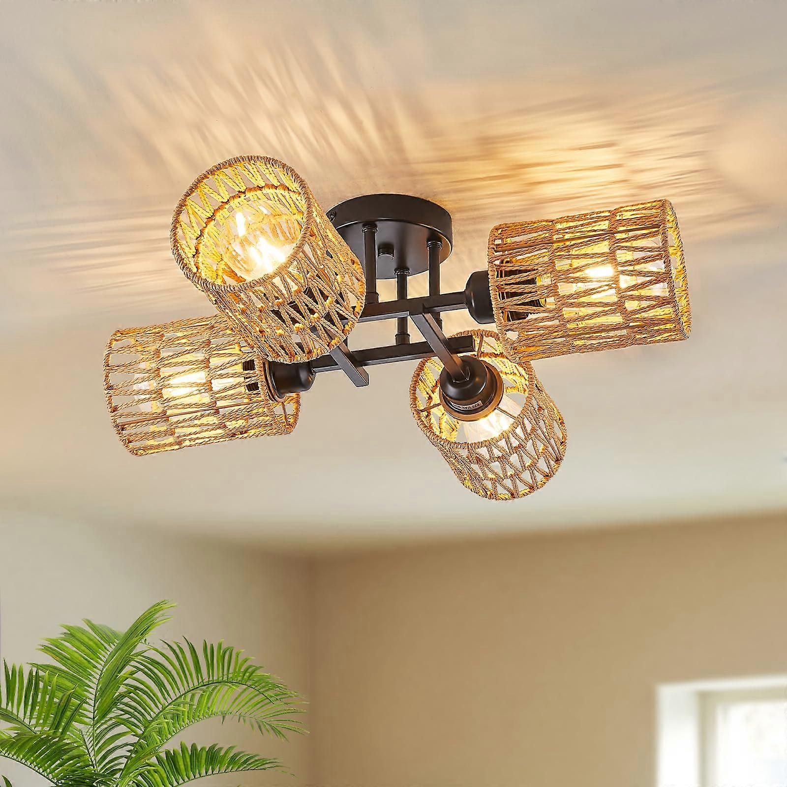 Rattan Ceiling Light Boho Flush Mount with Handwoven Shade, 4Light Bamboo Fixture for Dining Room