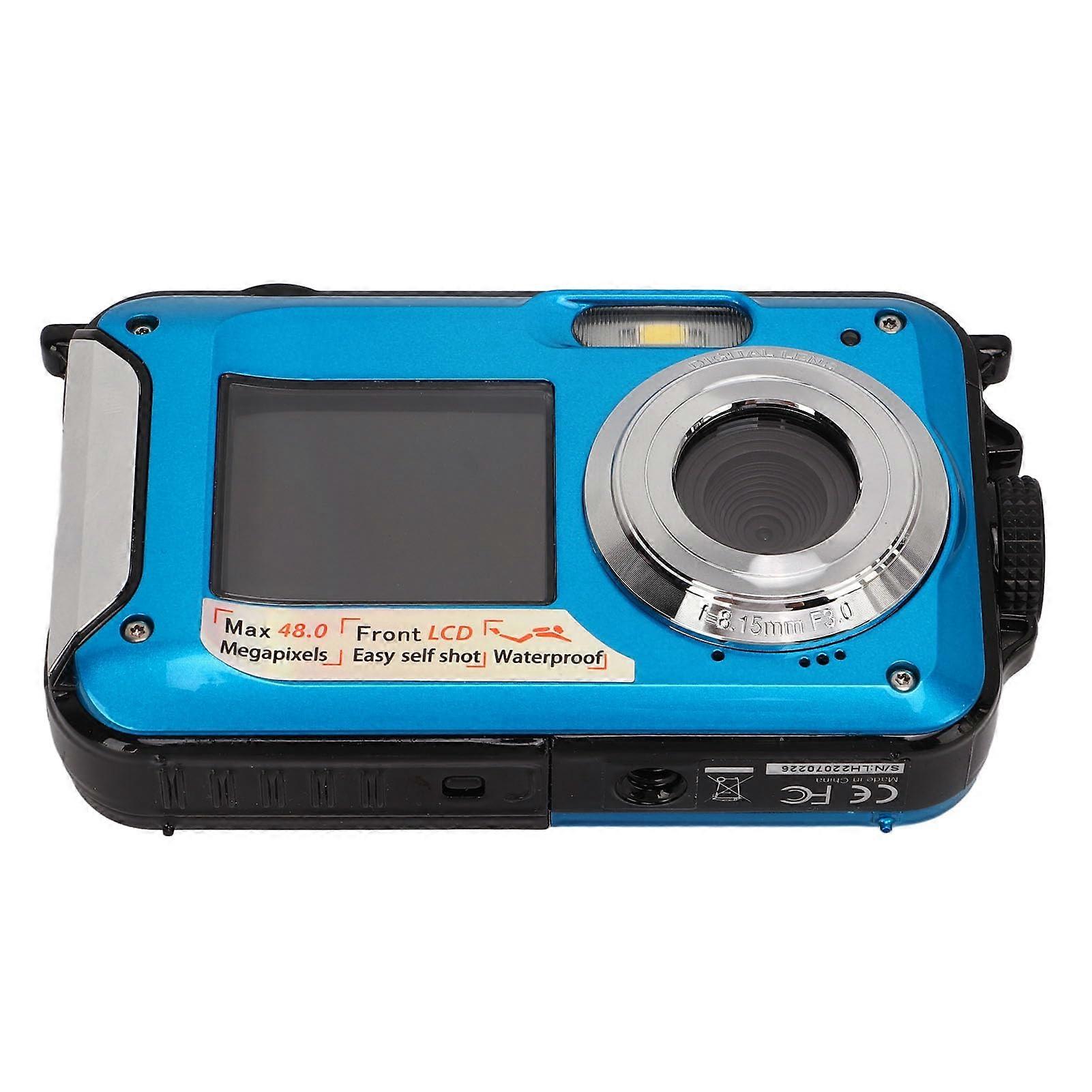 Waterproof Digital Camera 48MP 2.7K Video 10ft Depth Dual Screens Underwater Camera Blue