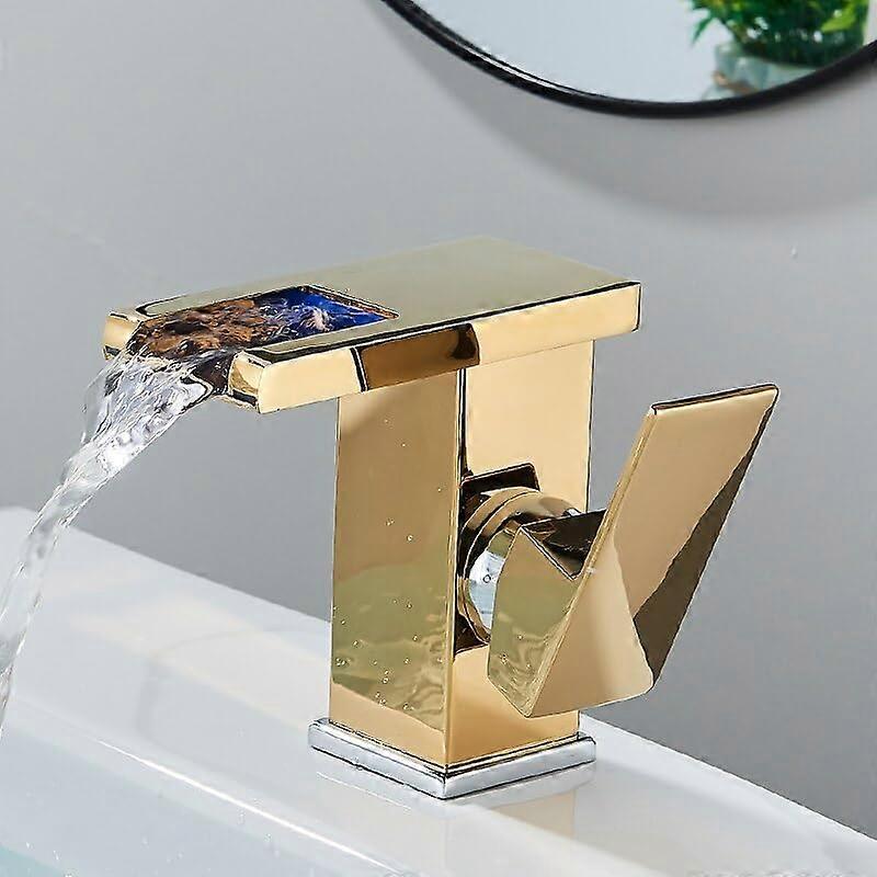 LED Waterfall Bathroom Basin Faucet with Color Changing LED, Solid Brass Mixer Tap, Short Gold