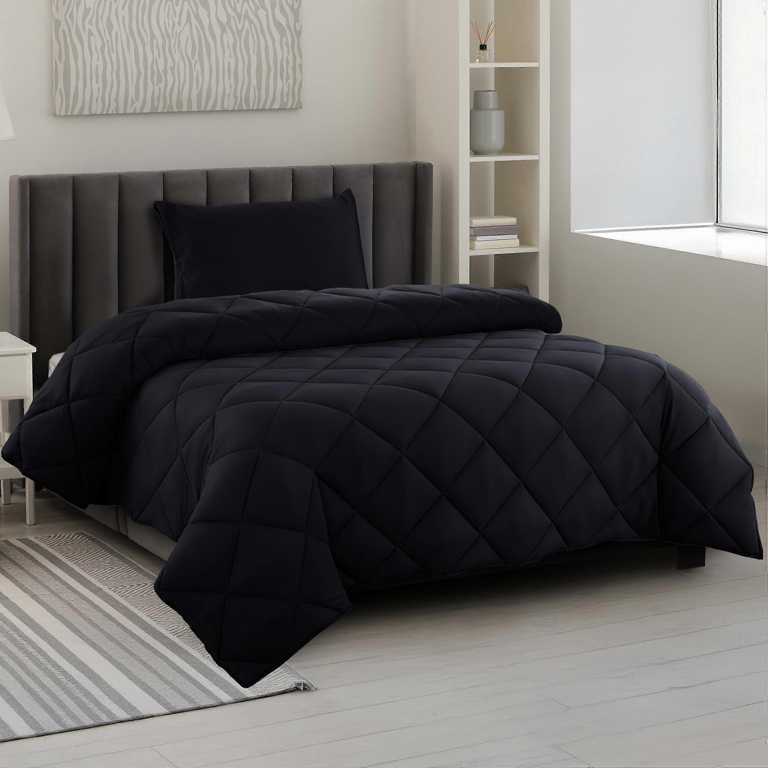 Twin Reversible Comforter Set with Pillow Sham, Soft Lightweight Polyester Bedding, Black