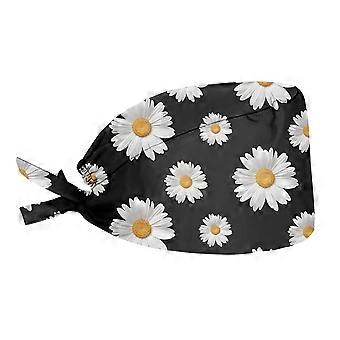 Turbante feminino com estampa de margaridas em preto e branco, alça ajustável e controle de umidade.