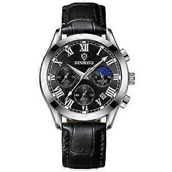 Montres pour hommes, boîtier en cuir noir argenté, mouvement à quartz analogique, élégantes et habillées, avec date et affichage lumineux, étanches et style décontracté.