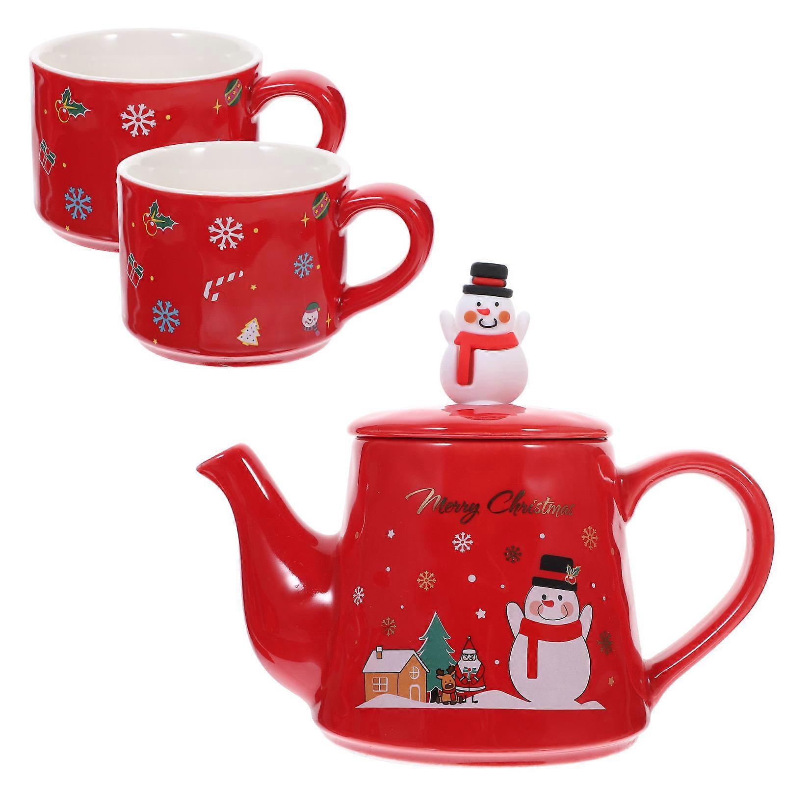 Christmas Ceramic Teapot Set for Storage 2Sets Red Ceramic Teaware