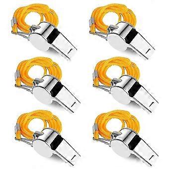 6 Pack Stainless Steel Whistles with Lanyard, Loud Crisp Sound 120dB, for Referees, Coaches, Trainers, School Sports