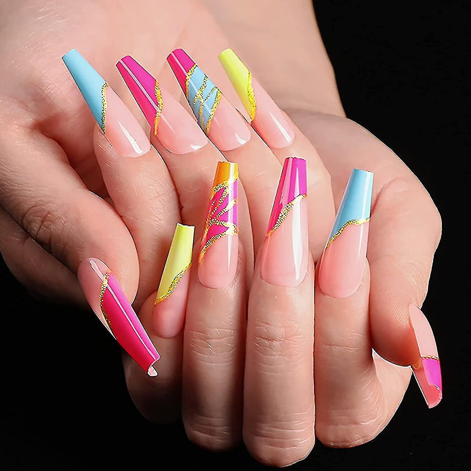 24 Pcs Press On Nails Long, Abstract Coffin Fake Nails, Glossy On Nails, Nails With For Women (colorful Swirl And Line)