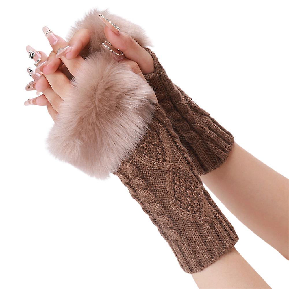Womens Fur Fingerless Arm Warm Winter Knitted Gloves Hand Long Warmer Mittens