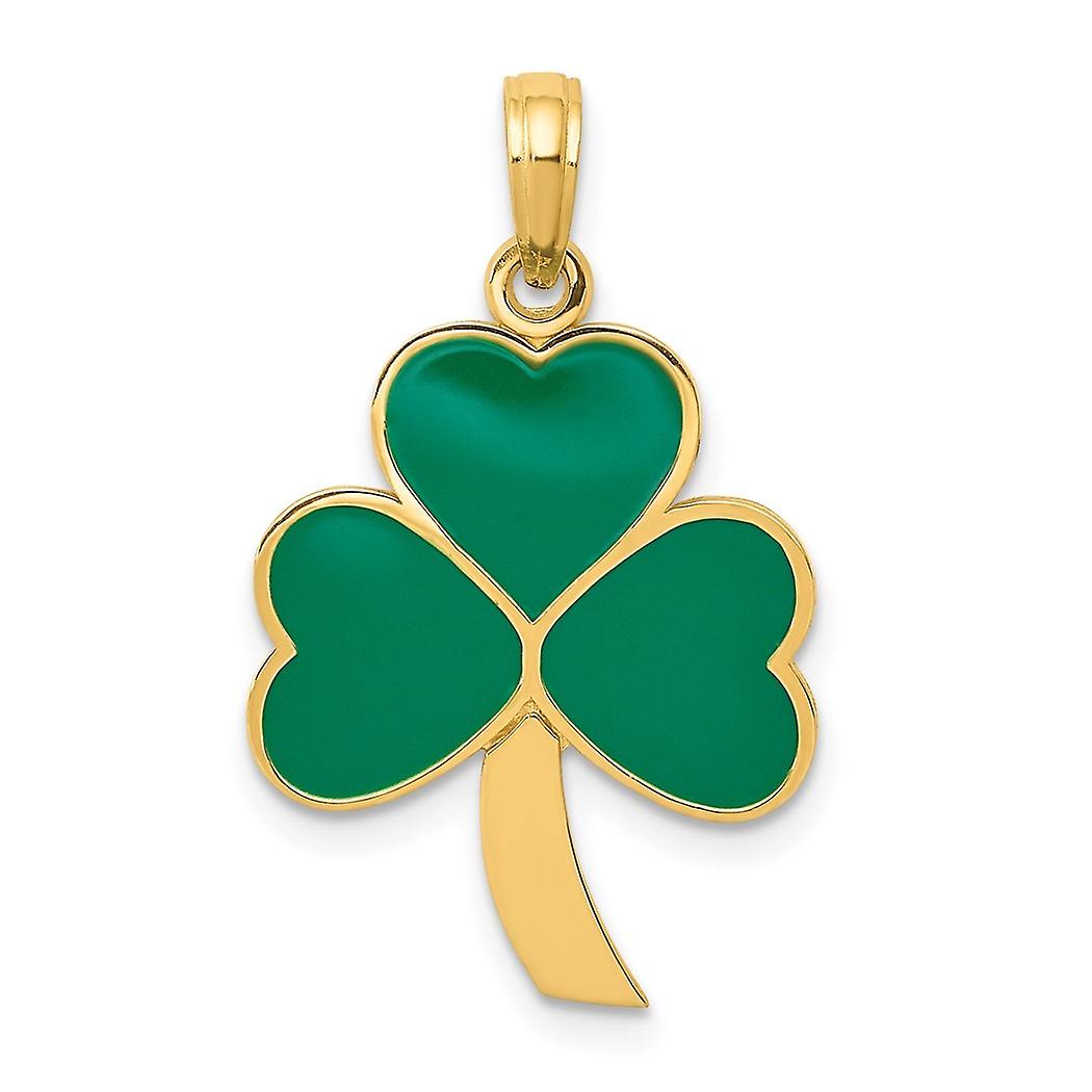 15mm 10k massif or jaune vert émaillé trèfle pendentif collier-pendentif pour femmes - 1,5 grammes