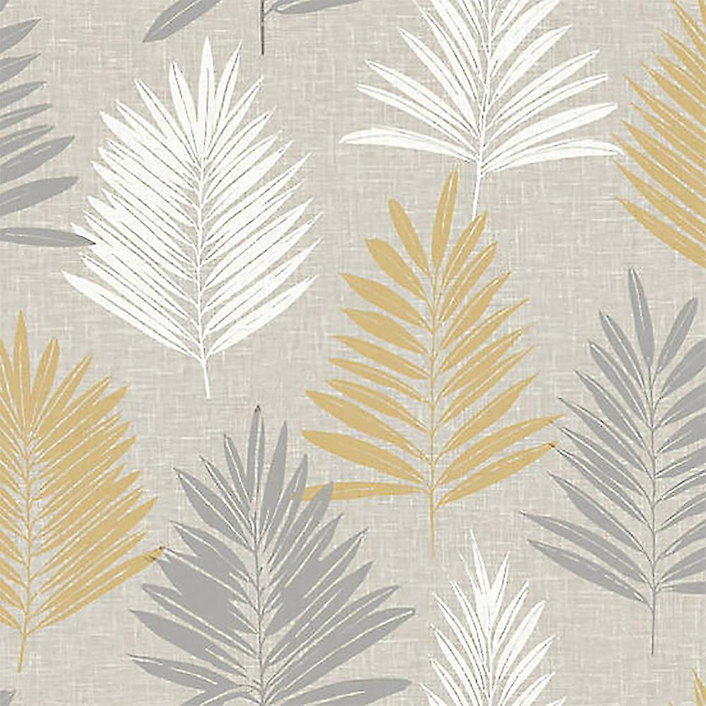 Linnen Palm oker en grijs behang Wit metallic Arthouse