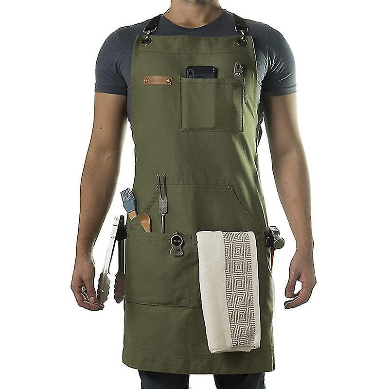 Chef, Bbq And Work Apron With Bottle Opener And Hand Towel - Durable 10oz Cotton Canvas, Brass Hardware And Cross Back Straps - Snngv