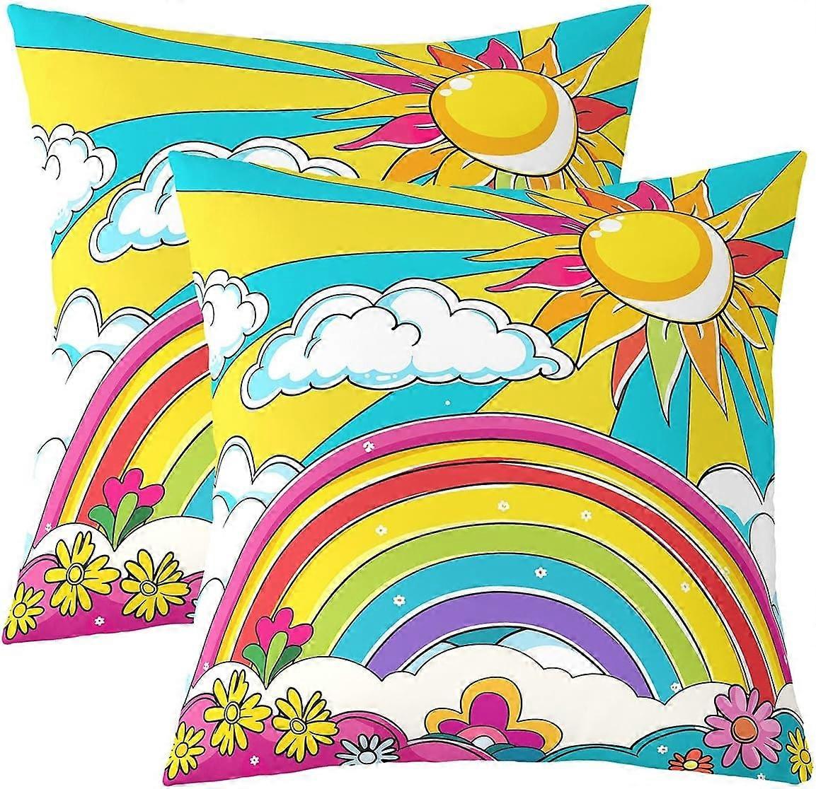 مجموعة من 2 بوهو الشمس رمي وسادة أغطية 20x20 بوهيمية قوس قزح أغطية وسادة للفتيات ، 60S 70S Trippy وسادة أغطية مرسومة باليد الطبيعة الهبي الأزهار كلو
