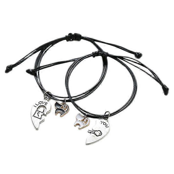 2Pcs Pull Adjustable Cat Open Heart Shape Hanging Drop Couple Braided Bracelet