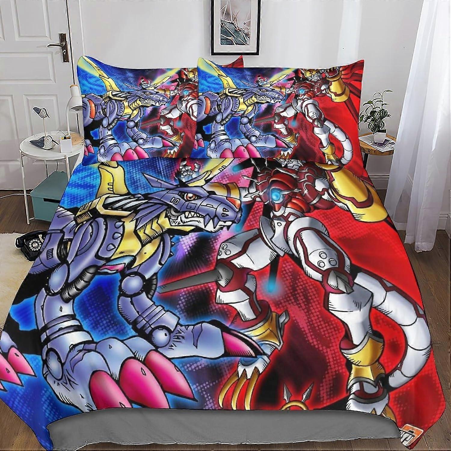 Digimon 3D 이불 및 침구 세트 베갯잇, 애니메이션 침구 이불 커버, 지퍼 클로저 베갯잇 더블 마이크로 화이버 침구 3 개