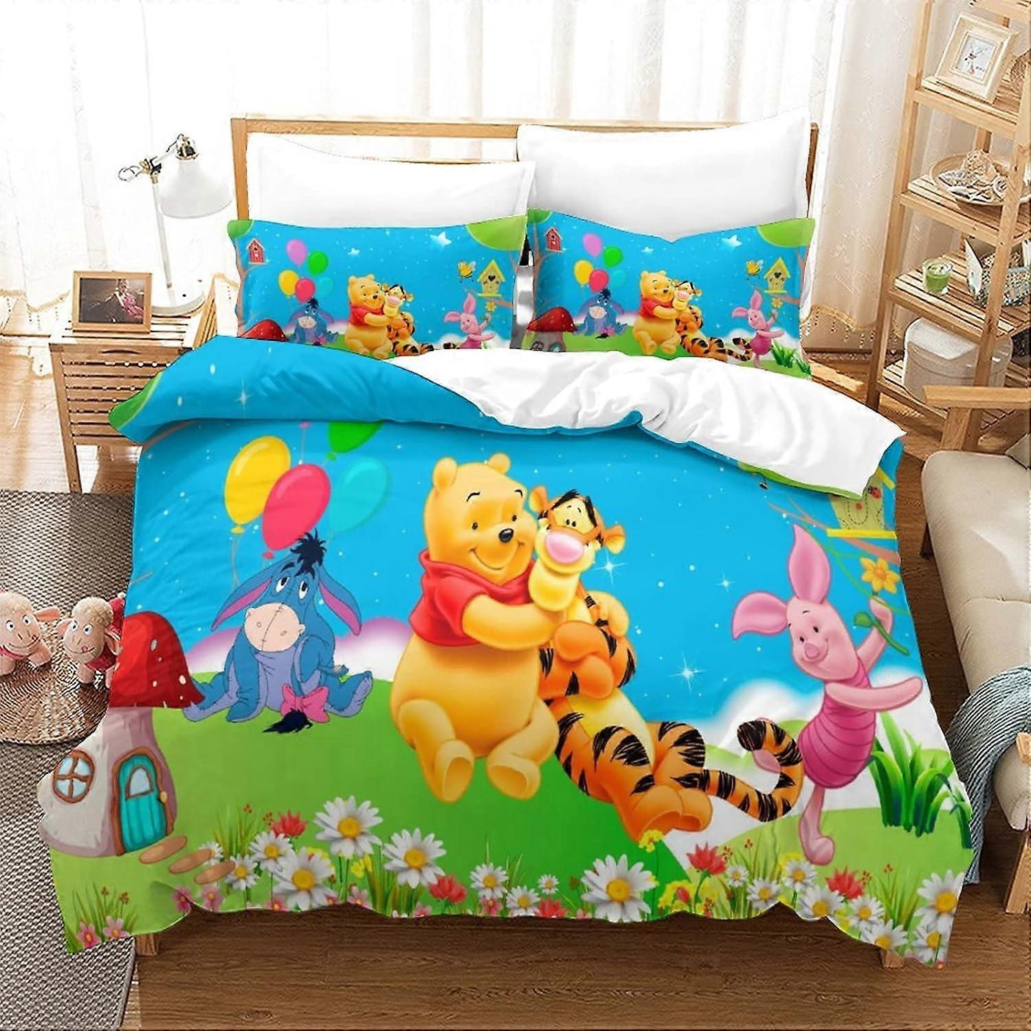 Winnie the Pooh Duvet Cover Set Animated Characters Pattern Soft Microfiber Bedding Set with Zipper Closure for Girls Boys Kids