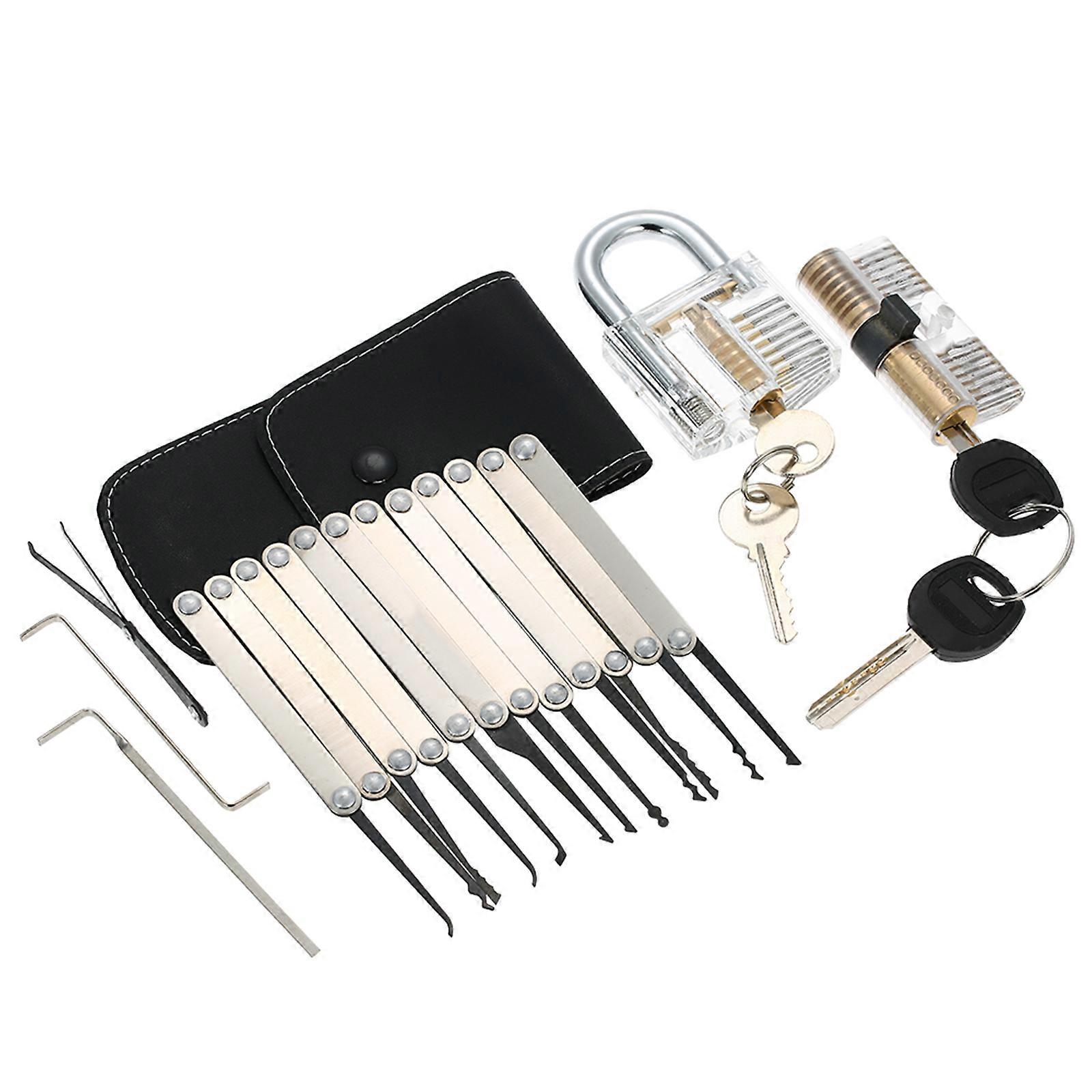 15pcs Lock Picking Set Kit Tool with Two Transparent Practice Training Padlock Lock for Locksmith Beginners and Professional
