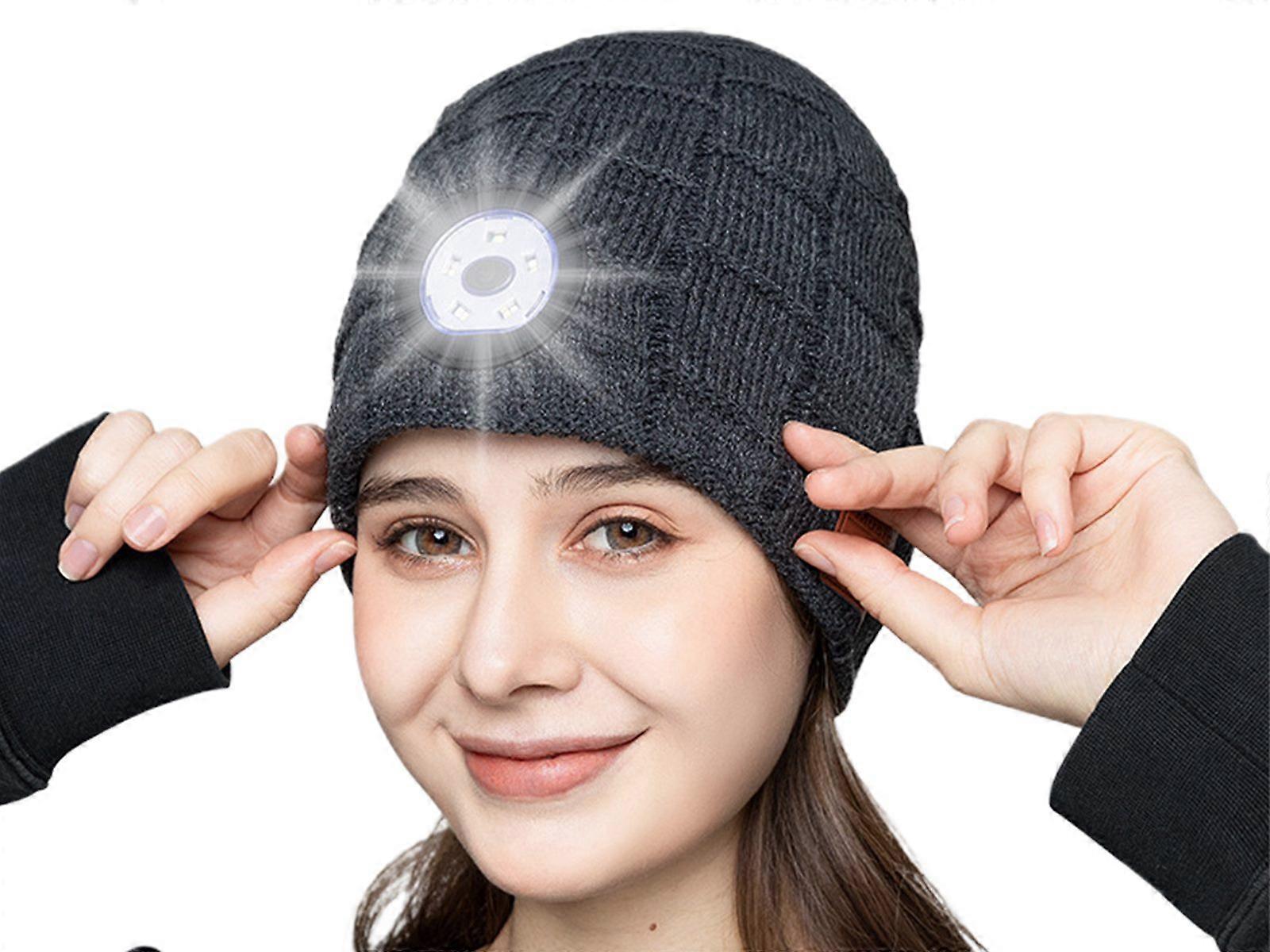2PCS Wireless Bluetooth Headphone Beanie LED Lights Hat Dark Grey