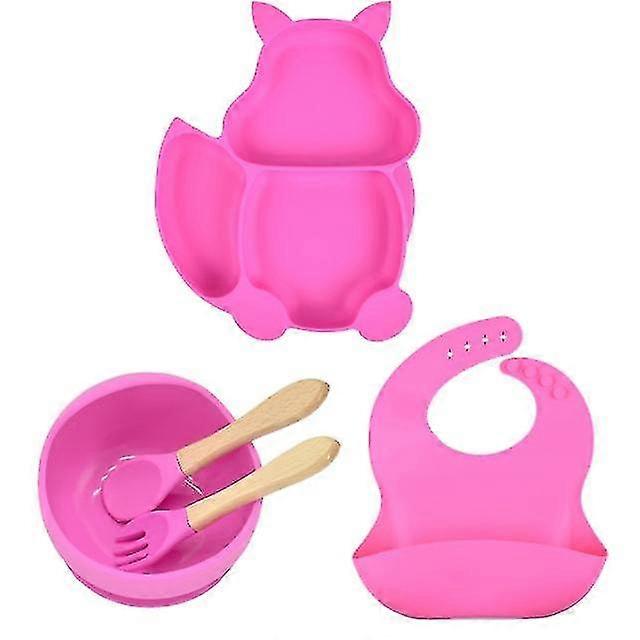 5pcs Set Of Silicone Baby Feeding Tray With Suction Cup Bowl And Spoon & Fork (color: Rose Pink)