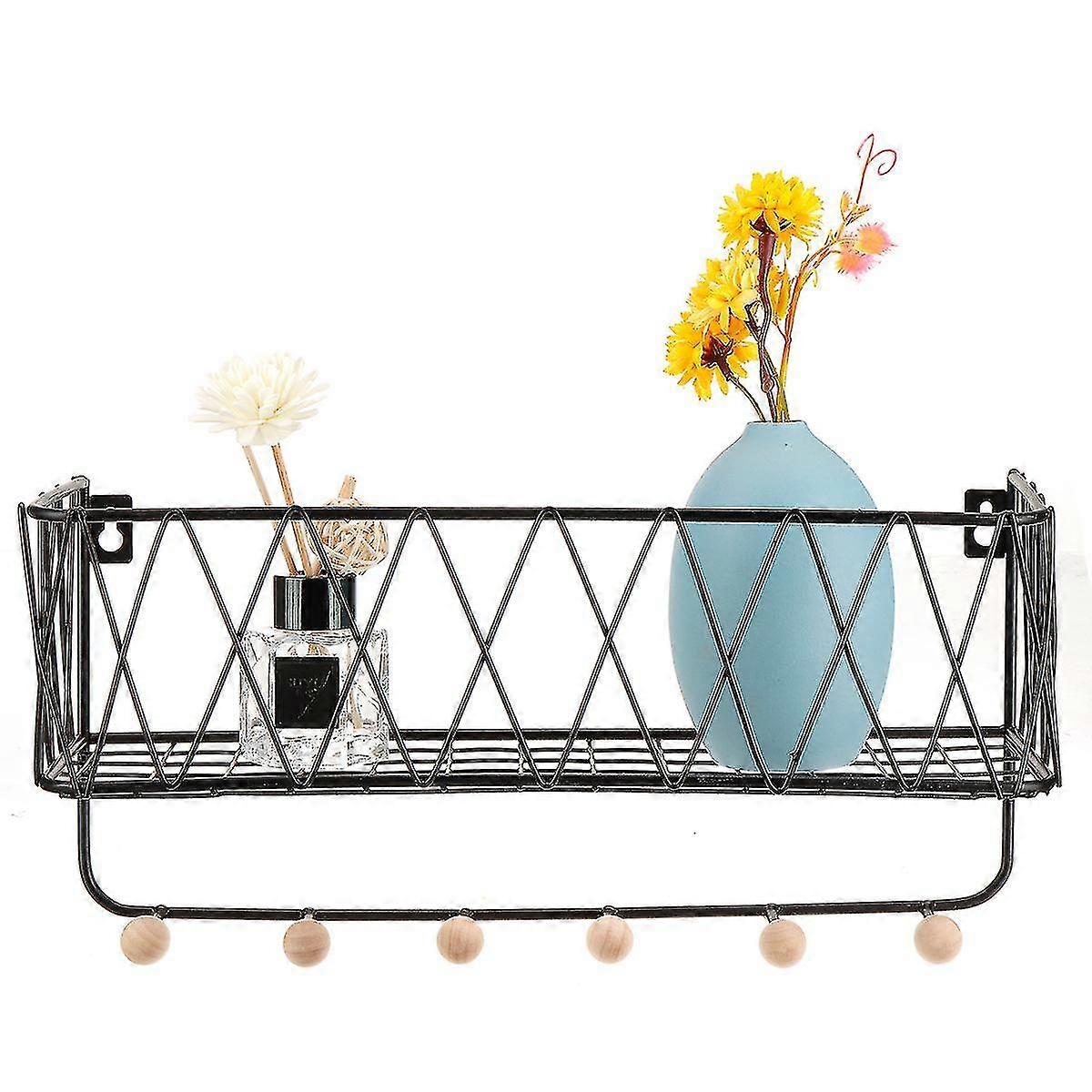 Black Wall Mounted Entryway Storage Basket with 6 Key Hooks