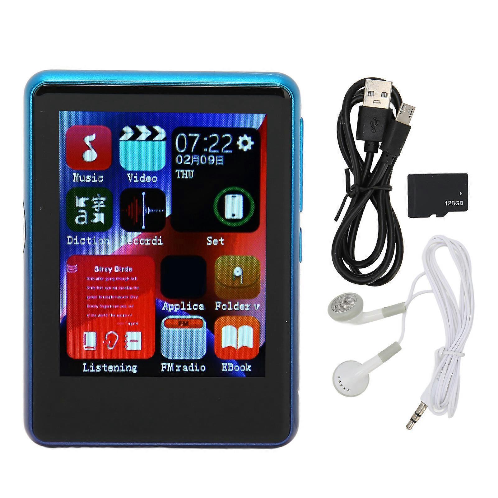 MP3 Player Bluetooth 5.0 HD Full Touch Screen Support Recording Music Player with FM Radio Electronic Book Speaker Blue 4+128GB (Memory Card)