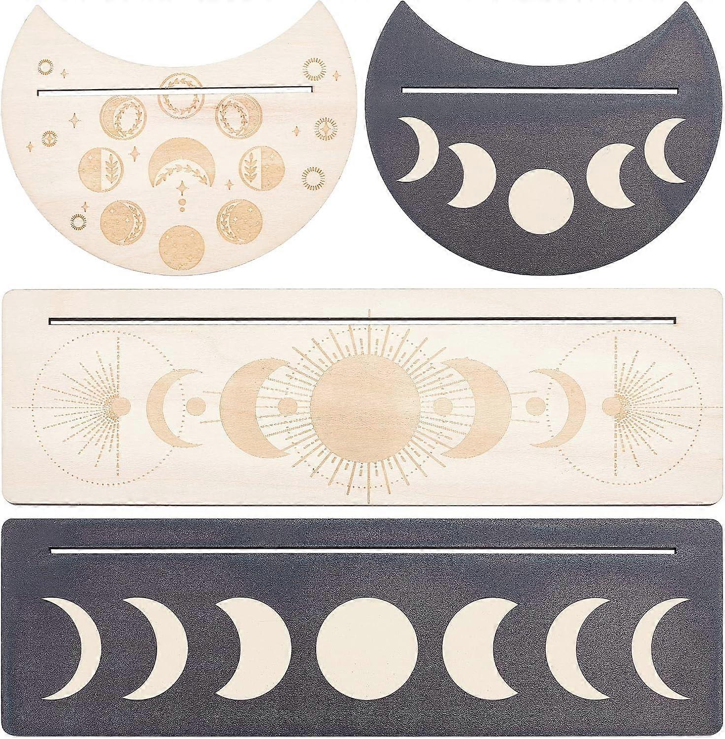 4 Pieces 2 Colors Wooden Tarot Card Stand Holder Moon Phase Pattern Tarot Card Black Altar Stand Rectangle Moon Shape Tarot Card Display Holder for Wi